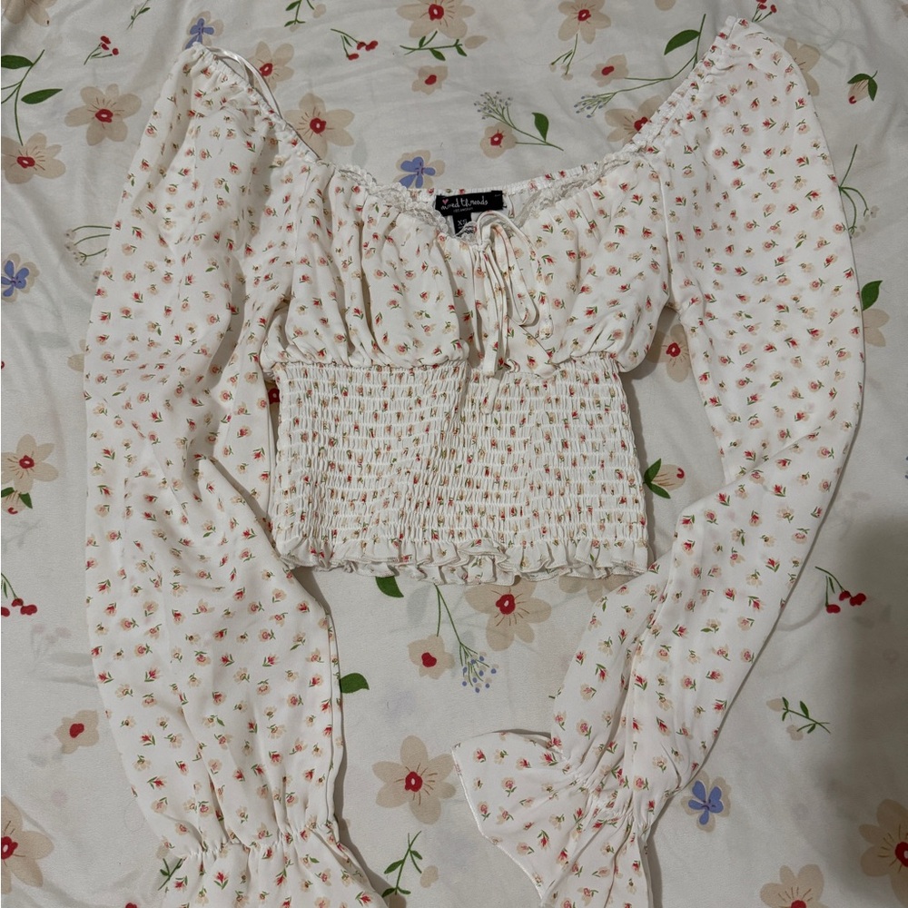 White Floral Smocked Blouse